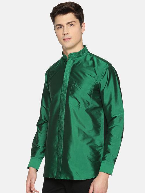 Green Polyester Slim Fit Solid Party Shirt