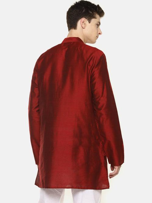 Maroon Cotton Solid Straight Short Kurta