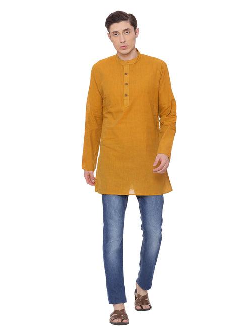 Mustard Cotton Solid Straight Short Kurta