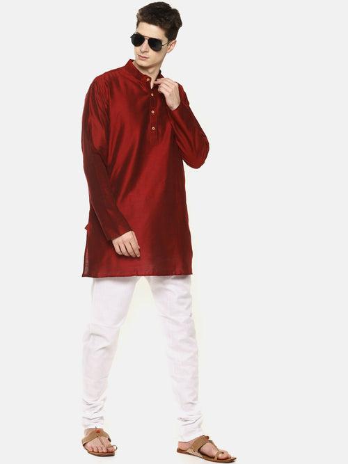 Maroon Cotton Solid Straight Short Kurta