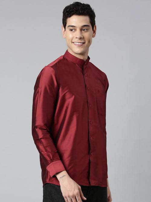 Maroon Color Art Silk Slim Fit Solid Party Shirt