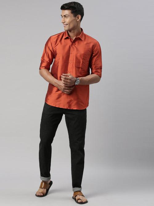 Tattva Mens Rust Colour Solid Party Shirt