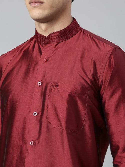 Maroon Color Art Silk Slim Fit Solid Party Shirt