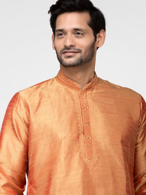 Orange Pure Raw Silk Kurta With Pyjamas