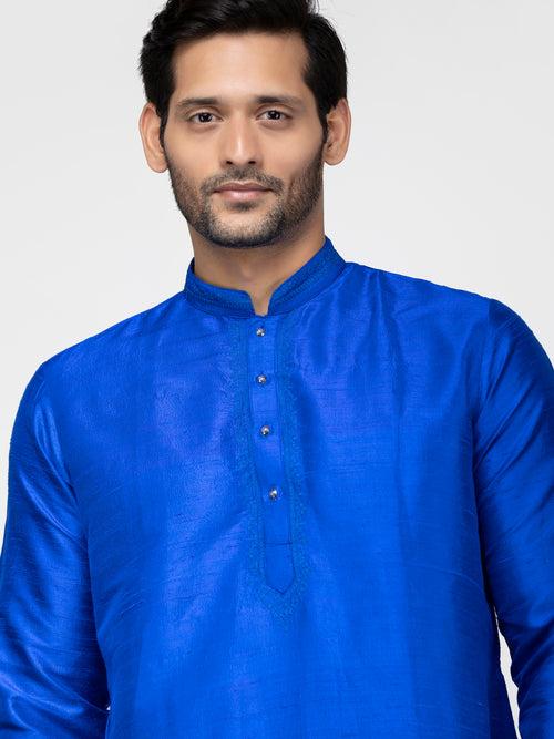 Royal Blue Pure Raw Silk Kurta With Pyjamas