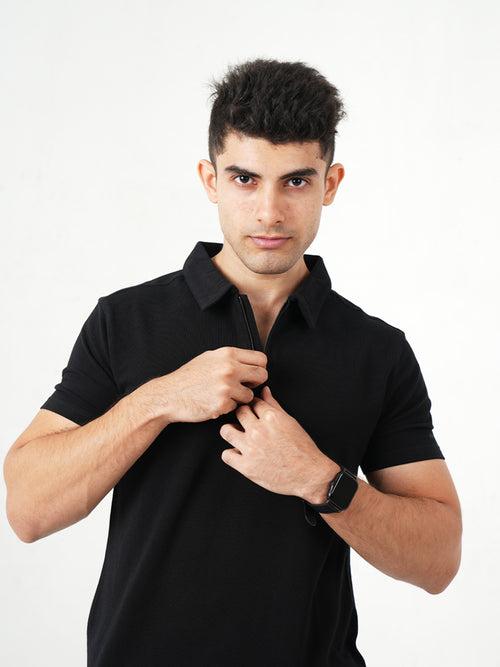 Monkstory Bamboo Cotton Zip-Polo Tee - Midnight Black