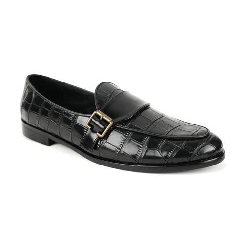 Monkstory Croco Print Formal Shoes - Black