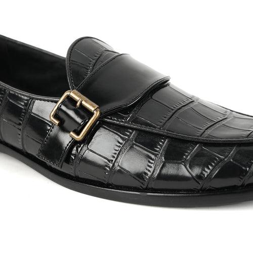 Monkstory Croco Print Formal Shoes - Black