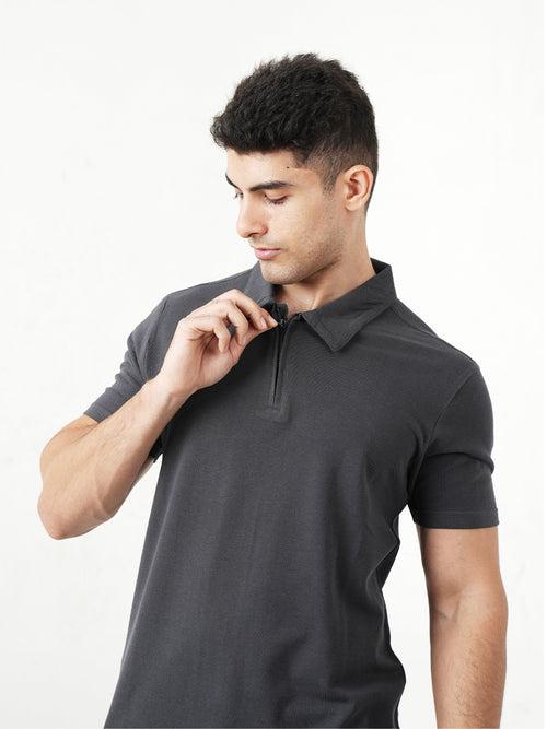 Monkstory Bamboo Cotton Zip-Polo Tee - Iron Grey