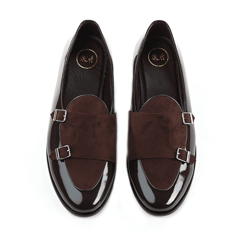 Luxious Patent Double Monk Slip Ons - Brown