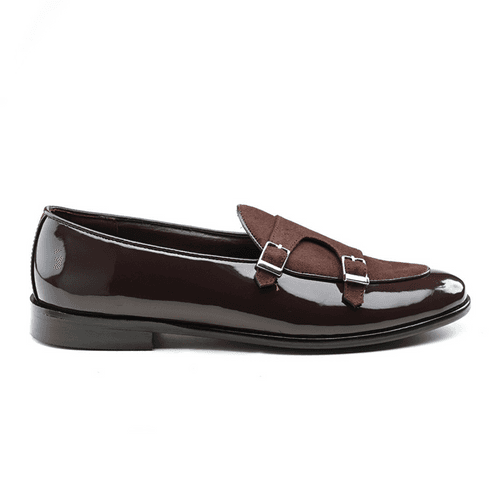 Luxious Patent Double Monk Slip Ons - Brown