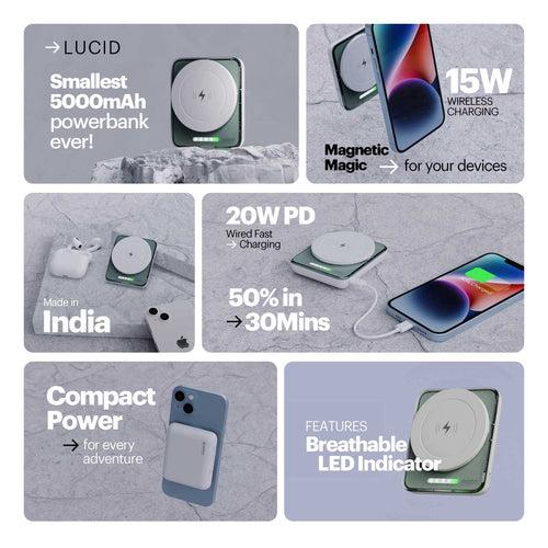 Lucid 15W magnetic wireless powerbank 5000mAh battery capacity for iPhone 16/15/14/13 and 12