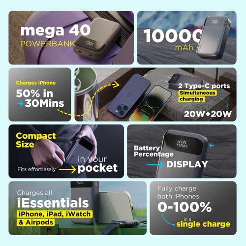 Mega 40W, 20W+20W Dual Type C port compact 10000mAh Powerbank