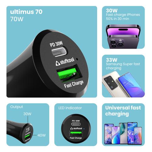 Dual Port Car Charger Ultimus 70W with Type C 30W PPS PD Port for iPhone/Samsung/Pixels/Macbook Air M1,M2 and 40W Universal Fast Charger for Oppo, Vivo, OnePlus, Honor