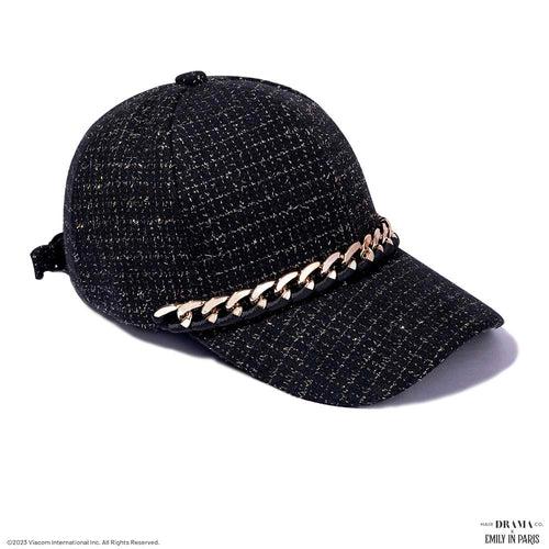 HDC x Emily in Paris Black Tweed Baseball Cap with Gold Chain