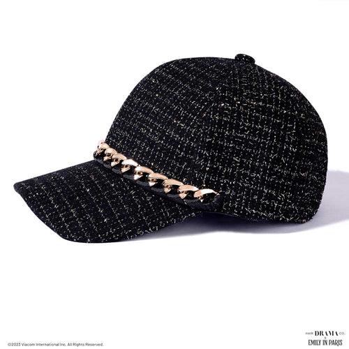 HDC x Emily in Paris Black Tweed Baseball Cap with Gold Chain