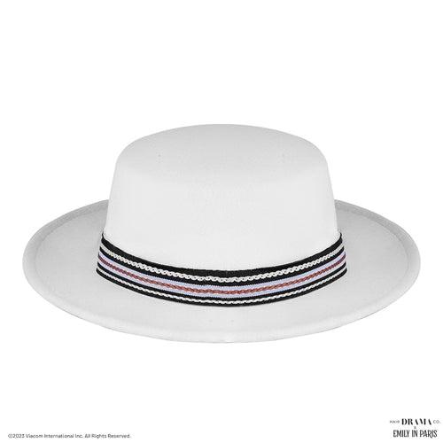 HDC x Emily In Paris White Woolen Flat Top Fedora Hat with removable Ribbon Belt