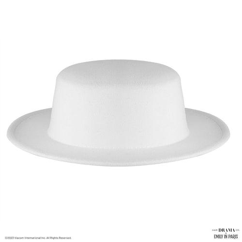 HDC x Emily In Paris White Woolen Flat Top Fedora Hat with removable Ribbon Belt