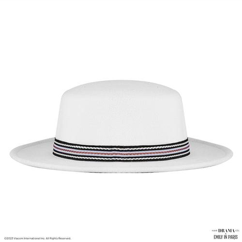 HDC x Emily In Paris White Woolen Flat Top Fedora Hat with removable Ribbon Belt