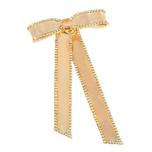 Satin Ribbon Crystal Hair Bow - Gold