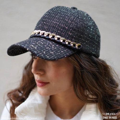 HDC x Emily in Paris Black Tweed Baseball Cap with Gold Chain