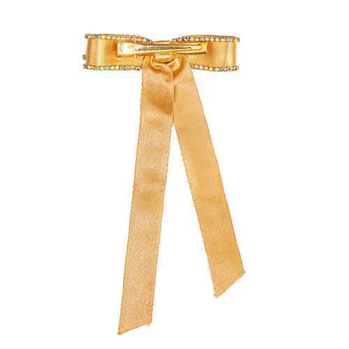 Satin Ribbon Crystal Hair Bow - Gold