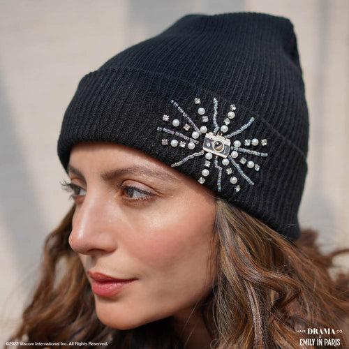 HDC X Emily In Paris Black Beanie with Pearls, Crystals & Camera Charm
