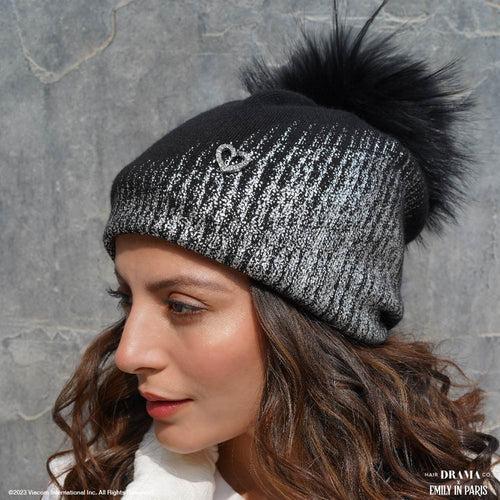 HDC x Emily in Paris Metallic Black Real Wool Beanie with Original Fur Pom-pom & Heart Charm