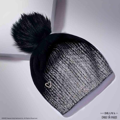 HDC x Emily in Paris Metallic Black Real Wool Beanie with Original Fur Pom-pom & Heart Charm