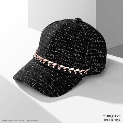 HDC x Emily in Paris Black Tweed Baseball Cap with Gold Chain