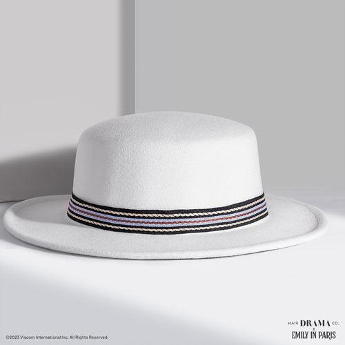 HDC x Emily In Paris White Woolen Flat Top Fedora Hat with removable Ribbon Belt