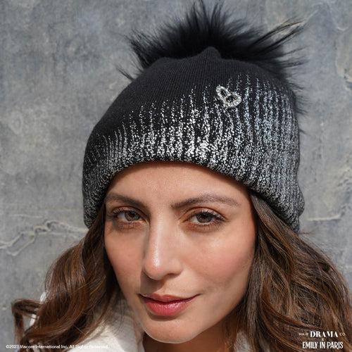 HDC x Emily in Paris Metallic Black Real Wool Beanie with Original Fur Pom-pom & Heart Charm