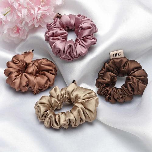 Brown and Pink Silk Satin Scrunchies - Pack of Four