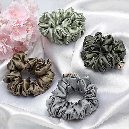 Green and Grey Silk Satin Scrunchies - Pack of Four