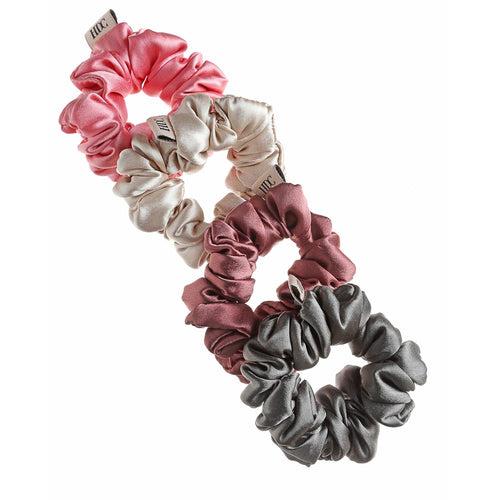 Pink multicoloured Silk Satin Scrunchies – Pack of Four