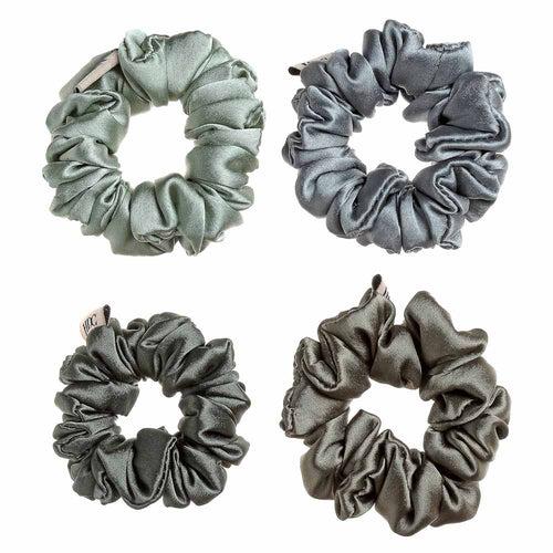 Green and Grey Silk Satin Scrunchies - Pack of Four