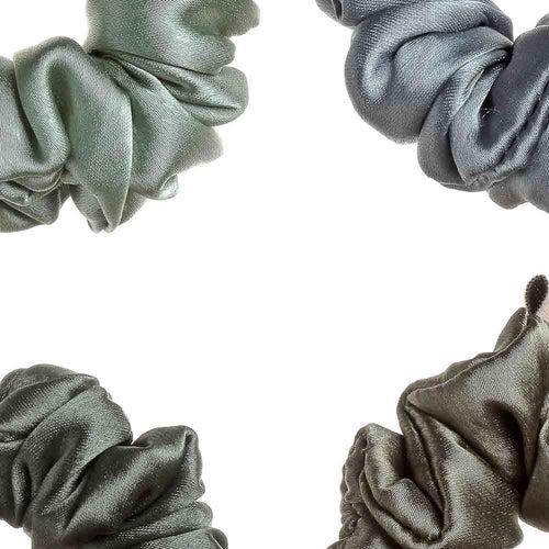 Green and Grey Silk Satin Scrunchies - Pack of Four