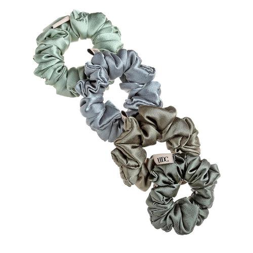 Green and Grey Silk Satin Scrunchies - Pack of Four