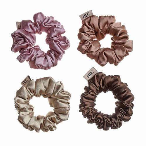 Brown and Pink Silk Satin Scrunchies - Pack of Four