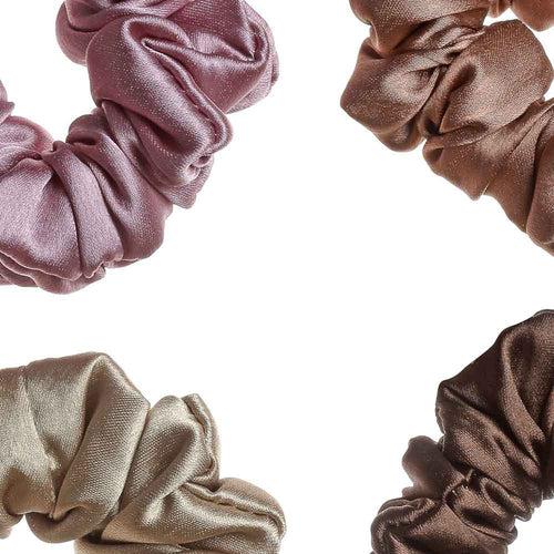 Brown and Pink Silk Satin Scrunchies - Pack of Four