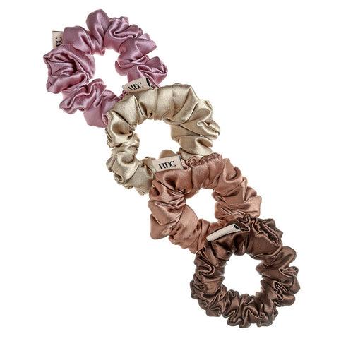 Brown and Pink Silk Satin Scrunchies - Pack of Four