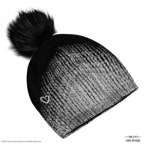 HDC x Emily in Paris Metallic Black Real Wool Beanie with Original Fur Pom-pom & Heart Charm