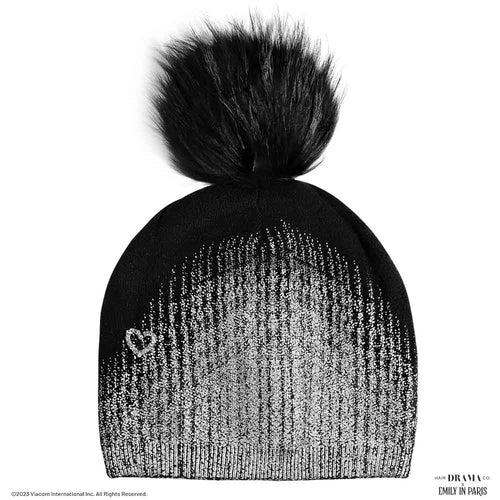 HDC x Emily in Paris Metallic Black Real Wool Beanie with Original Fur Pom-pom & Heart Charm