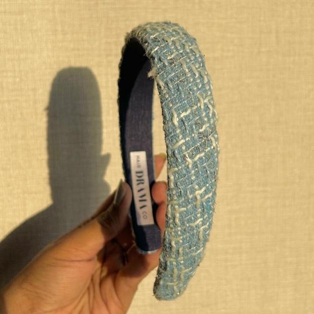 Tweed Puff Hair Band - Blue & White