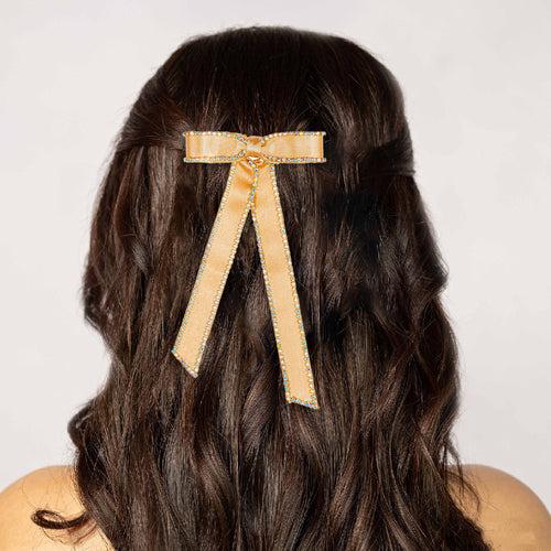 Satin Ribbon Crystal Hair Bow - Gold