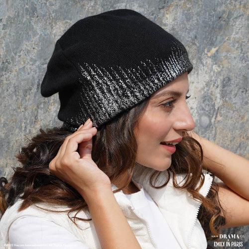 HDC x Emily in Paris Metallic Black Real Wool Beanie with Original Fur Pom-pom & Heart Charm