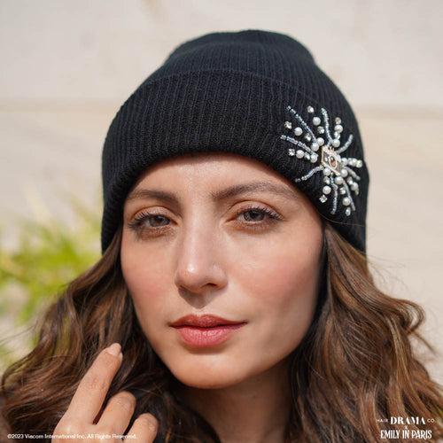 HDC X Emily In Paris Black Beanie with Pearls, Crystals & Camera Charm