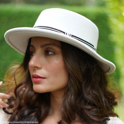 HDC x Emily In Paris White Woolen Flat Top Fedora Hat with removable Ribbon Belt