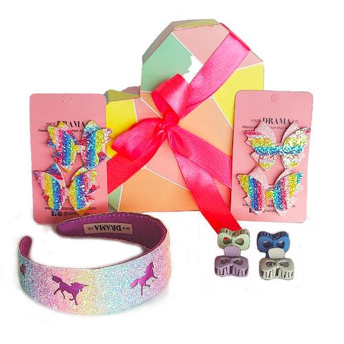 Magical Unicorn Gift Box with 1 Flat Hair Band, 4 Hair Bow Pins & 4 Mini Clamps
