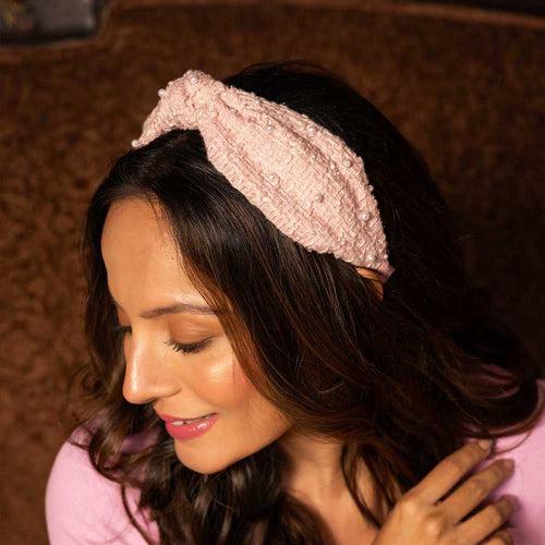 HDC X Emily In Paris Light Pink Tweed Knotted Hair Band With Pearls